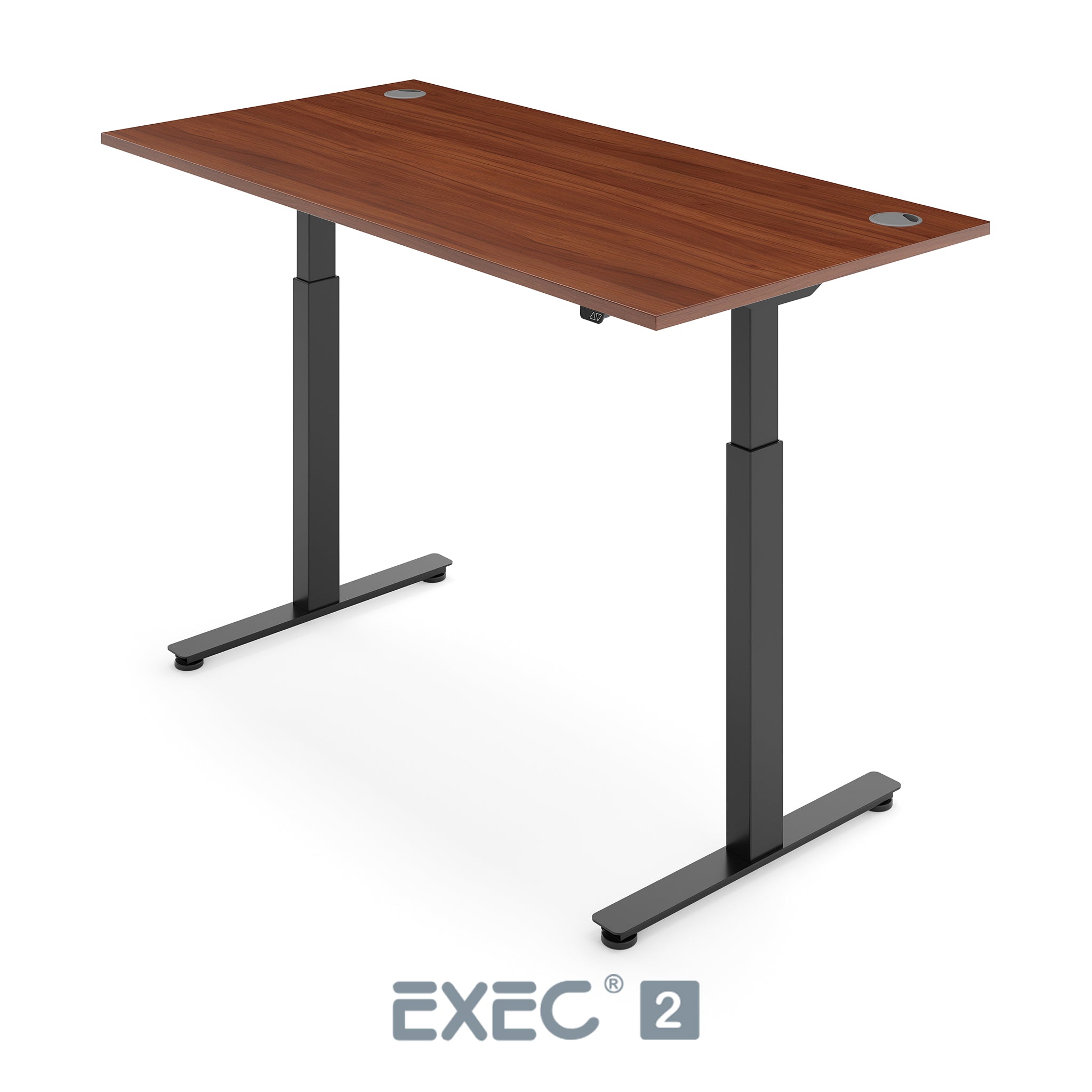 walnut height adjustable desk with silver frame