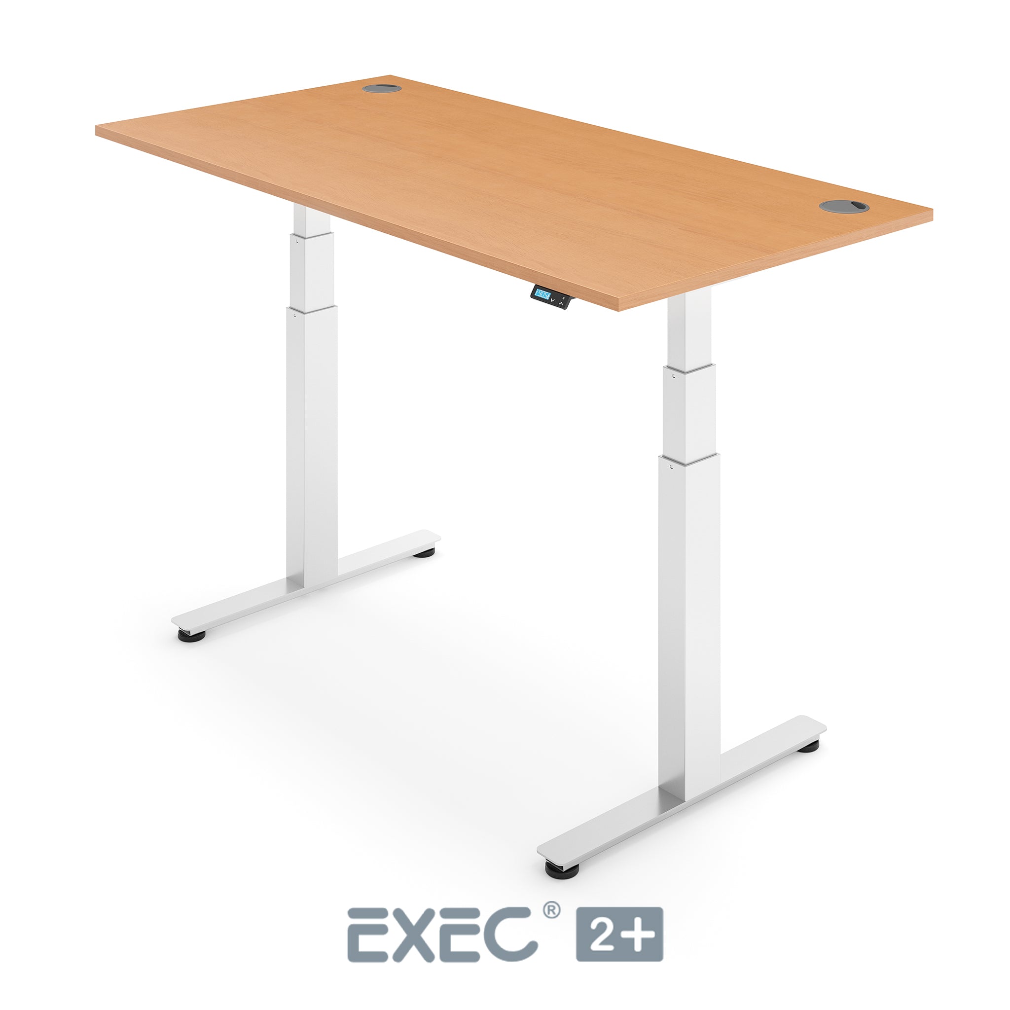 beech height adjustable desk with white frame