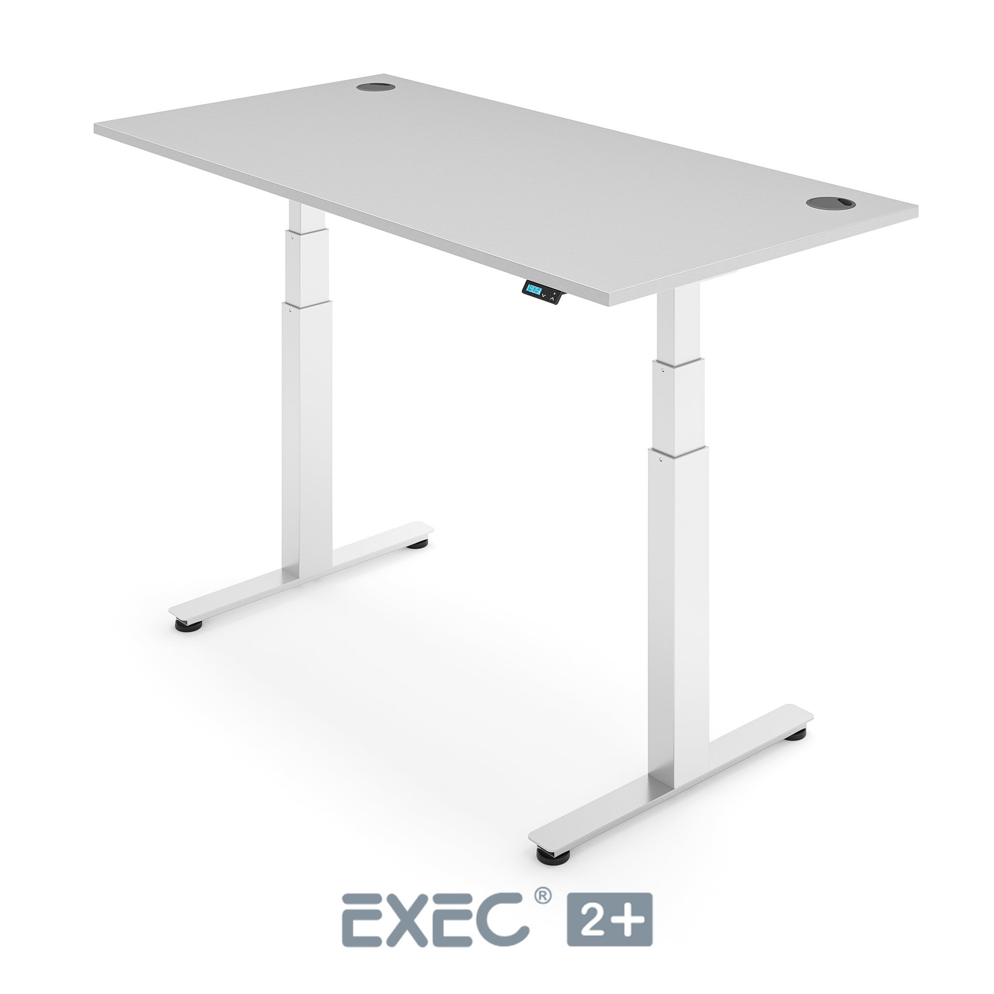 light grey height adjustable desk with white frame